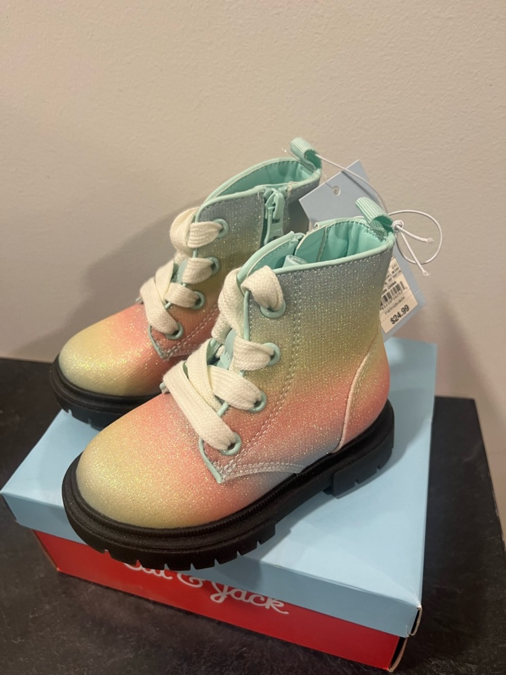 Cat & Jack Kids Rainbow Glitter Lace-Up Boots - Mint Lining